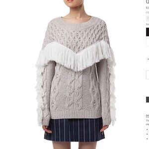 AMUR | Taupe Fringe Cable Knit Merino Wool Sweater Size Large